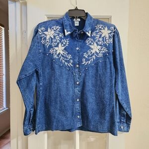Vintage Western Pearl Beaded Denim Shirt Passion Rodeo Medium